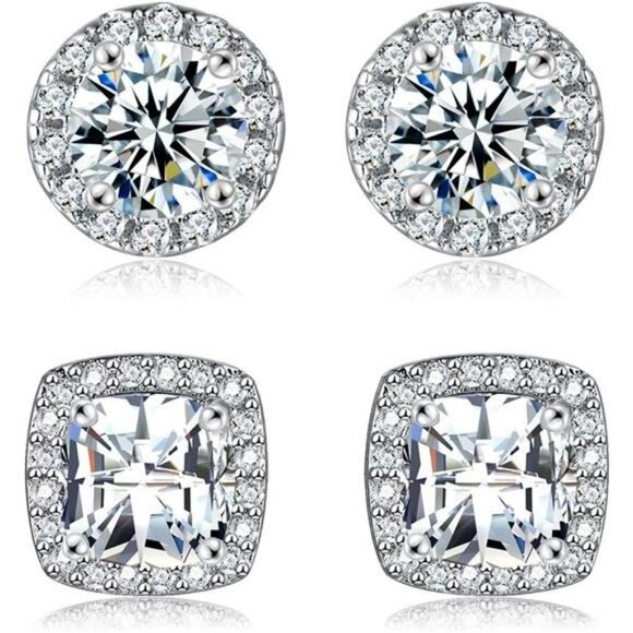 White Gold Cubic Zirconia Stud Earrings Set Round Square Diamond Look - Picture 1 of 7
